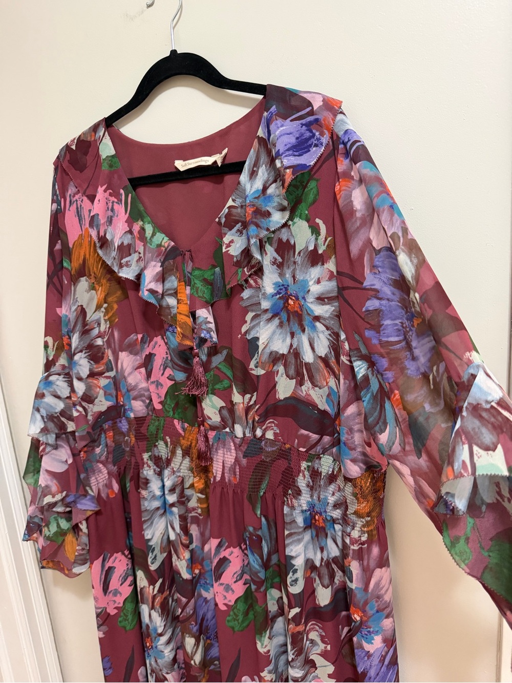 Soft Surroundings Floral Ruffle Maxi Dress Maroon Burgundy Plus Size 3X - Picture 7 of 12